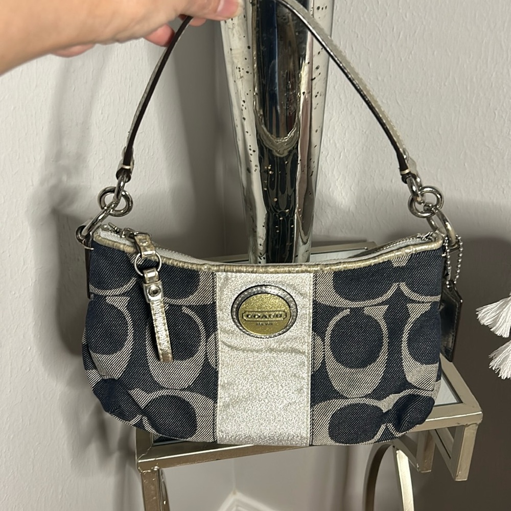 Coach Denim Blue/Grey signature stripe canvas shoulder bag